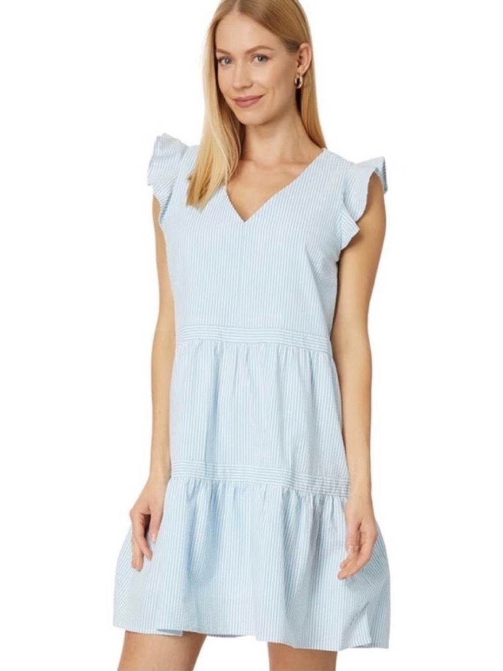 Southern Tide Evelyn Seersucker cotton blue white stripe dress medium